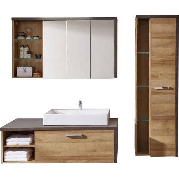 Badmöbel-Set Bay Eiche und grau mit Waschbecken (186 x 190 cm)