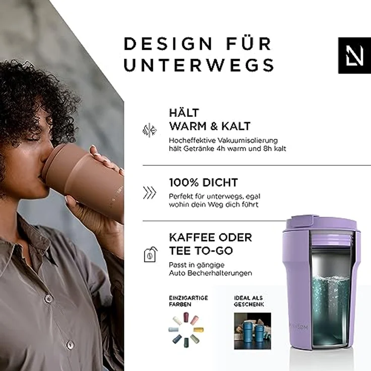 LARS NYSØM Thermo Kaffeebecher to go 380ml | Travel Mug 0,38 Liter mit Isolierung | Auslaufsicherer Edelstahl Thermobecher für Kaffee und Tee unterwegs | Teebecher (Lavender Purple, 380ml) – Bild 2