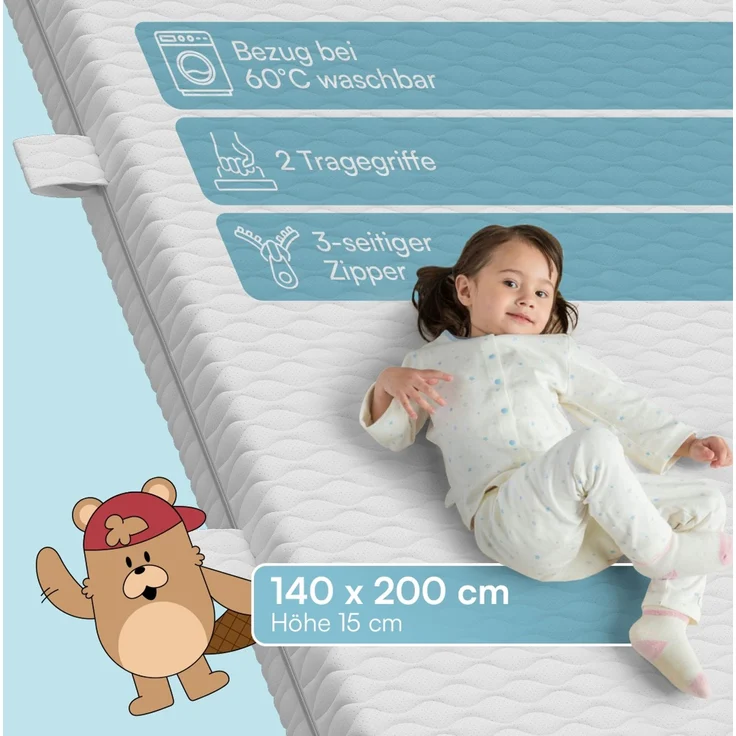Bellabino 'Bia' Hausbett 140x200 cm mit Matratze, weiß, Kiefer Massivholz, Bodenbett in Hausoptik, Montessori Kinderbett mit Rausfallschutz und Lattenrost – Bild 8
