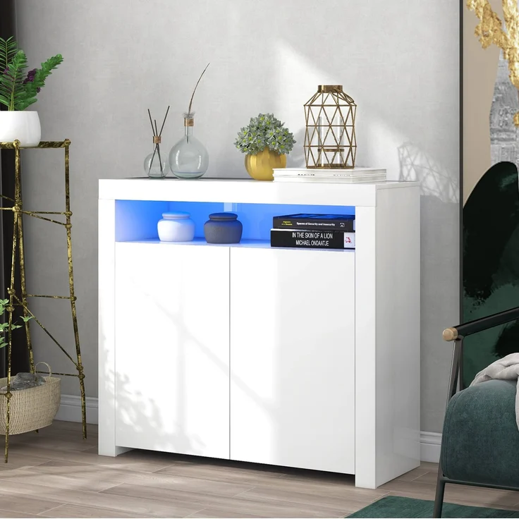 DESVIAE Sideboard mit LED-Beleuchtung und 2 Türen 108x92x40 cm Holzwerkstoff Weiß – Bild 2
