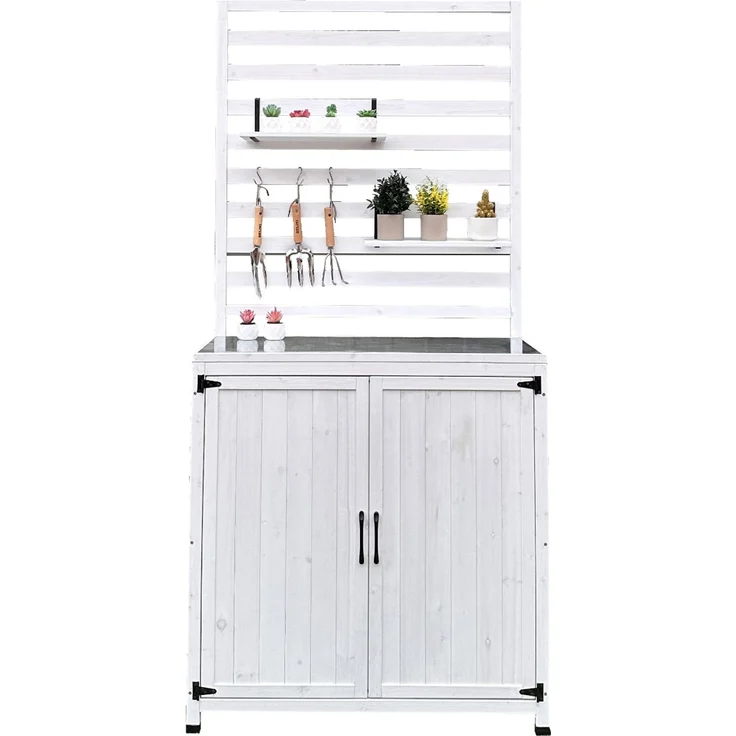 LECO Gartenregal THEA, Tannenholz weiß lasiert, Ablagefläche Stahlblech silber, 94x42x200 cm – Bild 1