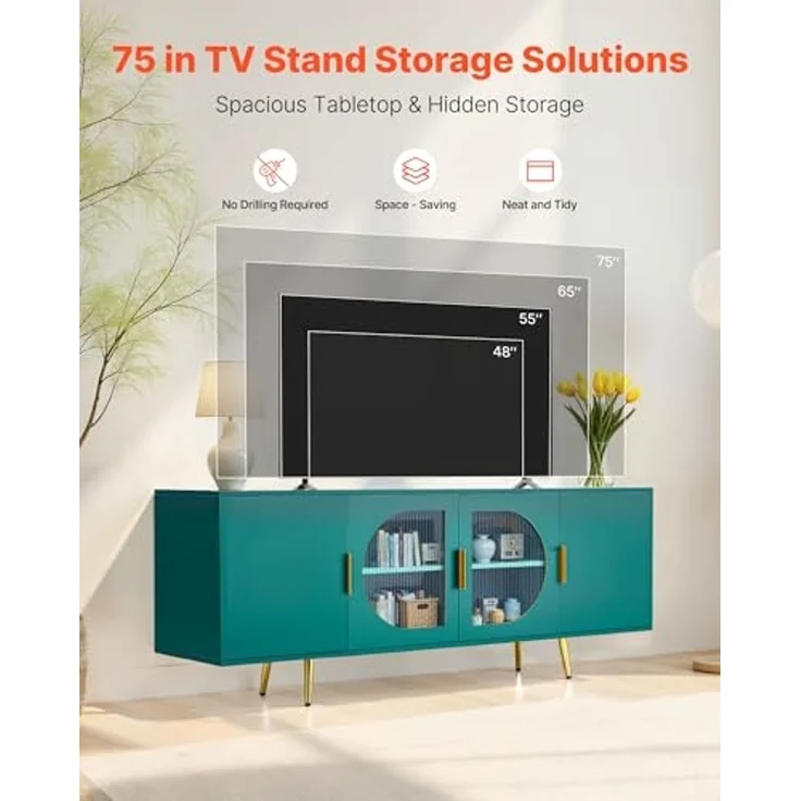 VEVOR TV-Ständer für Fernseher bis zu 75 Zoll, TV Tisch mit Glastüren, TV-Schrank mit goldenen Beinen & verstellbaren Regalen, Konsolentisch Fernsehschrank für Wohnzimmer Schlafzimmer, Grün – Bild 4