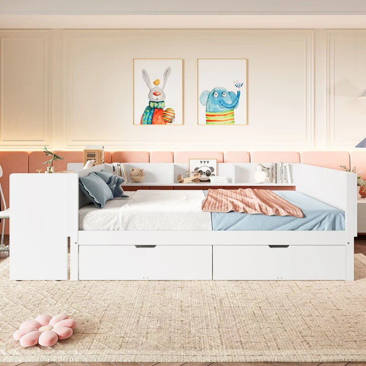 Multifunktionales Holzbett 140×200 cm mit Schreibtisch, Schubladen & Regalen – platzsparendes Doppelbett für modernes Schlafzimmer – Bild 3