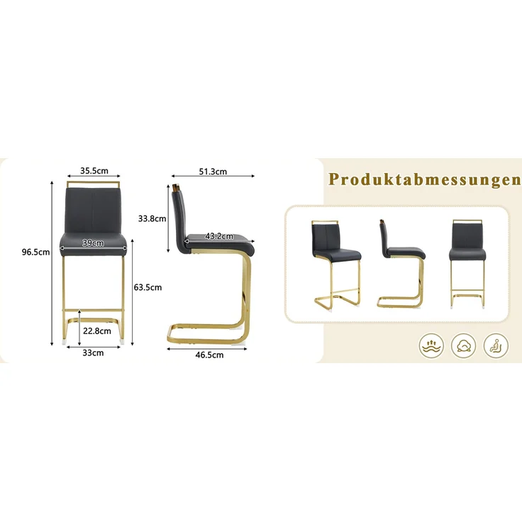 Zweier-Set Barhocker im nordischen Stil (Set mit 2 Stühlen).Hergestellt aus hochwertigem schwarzem Kunstleder mit goldfarbenen Metallbeinen, Geeignet für Restaurants, Küchen u.a.--Schwarz + Gold--39x46.5x96.5cm--YOUDENOVA – Bild 9