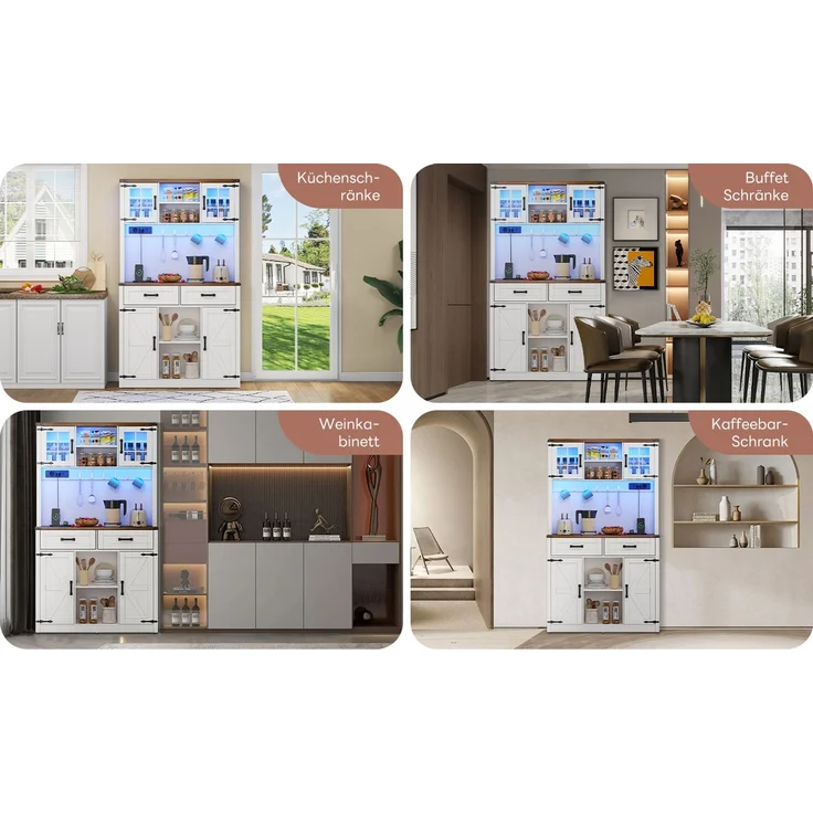 ZUBALIYA Buffetschrank 100x40x172 cm, mit LED-Beleuchtung, mit Steckdosen, mit verstellbaren Einlegeböden, aus MDF, Braun / Weiß – Bild 11