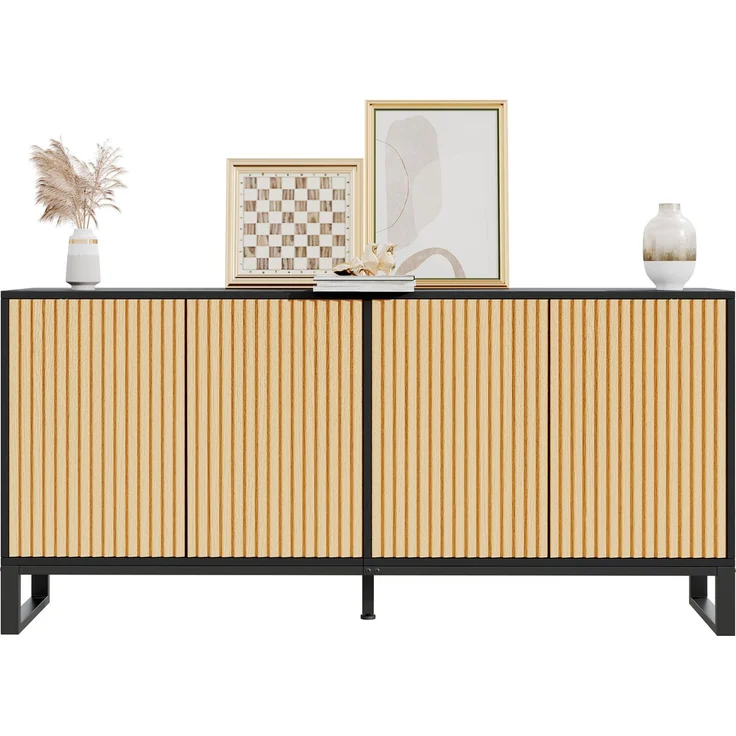 DESVIAE Sideboard Natur/Schwarz aus MDF/Spanplatte – 160x75x40 cm – 4 Türen, verstellbare Einlegeböden – Bild 7