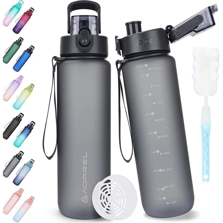 AOPREL Trinkflasche 1l BPA-Frei Tritan Sport Kohlensäure geeignet Grau – Bild 1