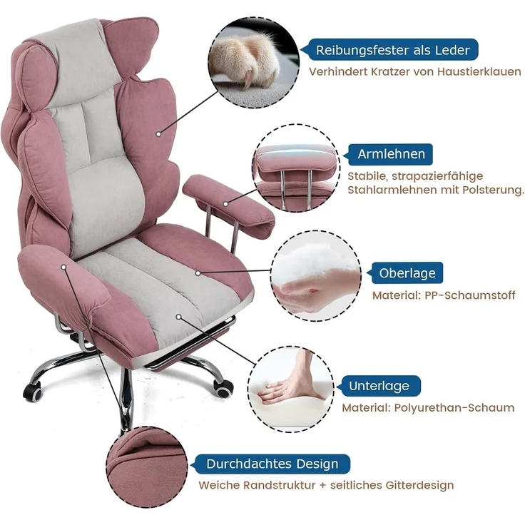 GTPLAYER Gaming Stuhl, Gamer Stuhl, Ergonomischer Bürostuhl mit Fußstütze, Stoffoberfläche, Federsitzkissen, Gaming Chair Gepolstert, Gaming Sessel 180kg Belastbarkeit Rosa – Bild 7