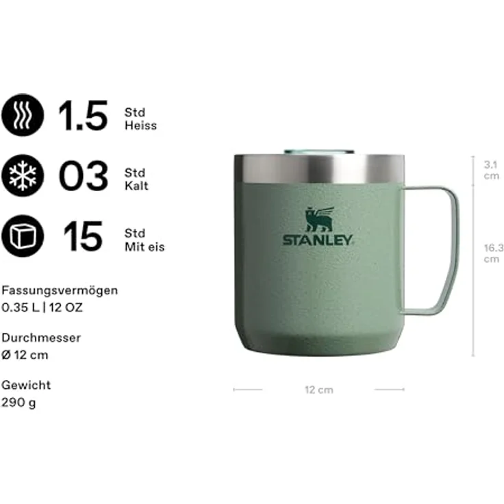 STANLEY 1913 Classic Legendary Camp Mug Thermobecher 0.35L - Hält 1.5 Stunden Heiß - 3 Stunden Kalt - BPA-Frei - Spülmaschinenfest - Edelstahl Kaffeebecher To Go - Hammertone Green – Bild 3