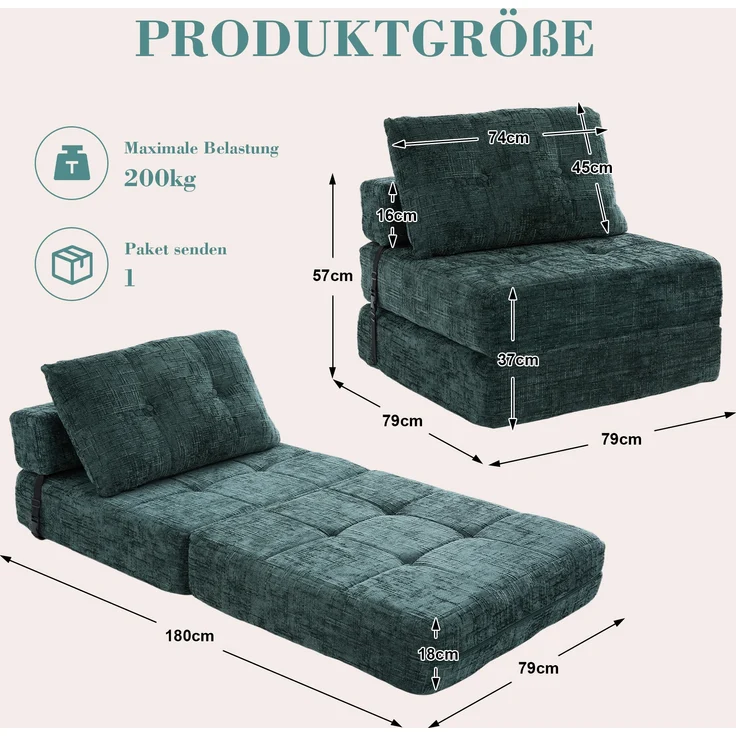 LVHOM Schlafsofa mit Schlaffunktion und Kissen, tragbares Klappsofa mit Rückenlehne, bis 200kg, für Wohnzimmer Büro, Grün – Bild 7