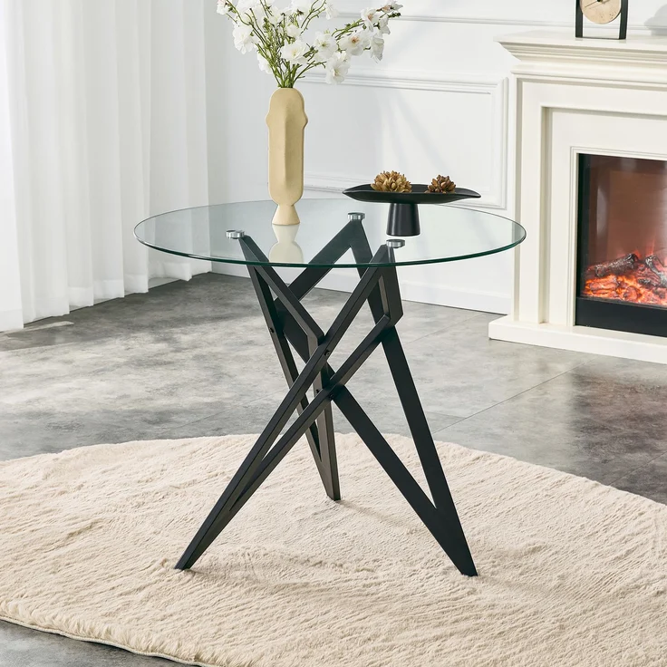Runder Glas-Couchtisch Ø ca. 85 cm, moderner Wohnzimmertisch mit geometrischem Design-Untergestell, gehärtete Glasplatte, stabiler Beistelltisch für Wohnzimmer – Bild 2