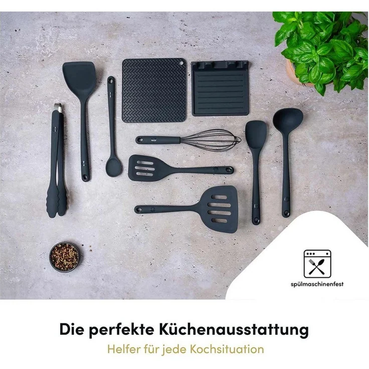 Hoffmann Germany Kochbesteck-Set 10-tlg. Küchenhelfer Pfannenwender Kochlöffel Zange (Set, 10-tlg, 10-tlg.: Pfannenwender, Kochlöffel, Zange, Kelle, Ablage u.v.m), Schöpfkelle, Schneebesen, Ablage, Untersetzer, spülmaschinengeeignet – Bild 2