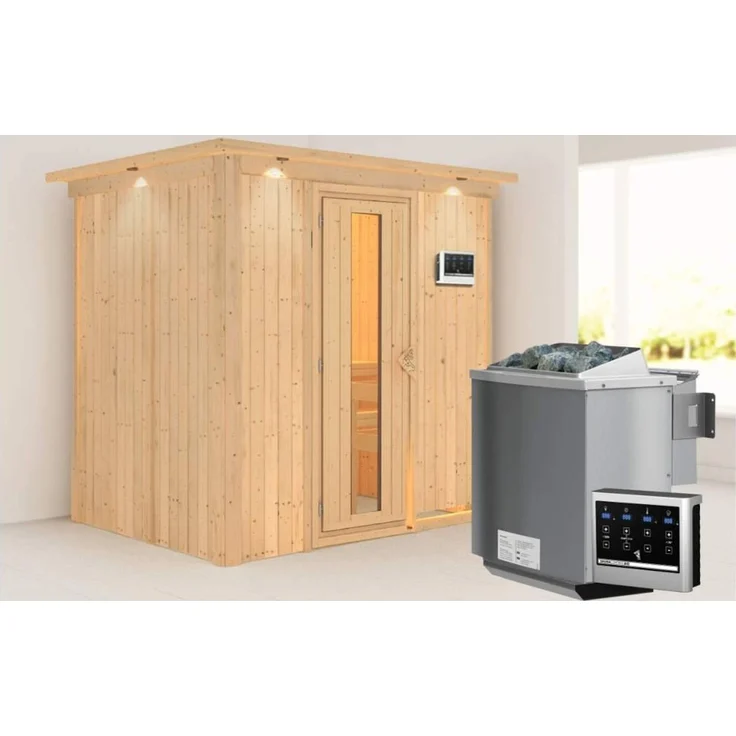 Karibu Sauna Bodin mit Dachkranz + 9kW BIO-Kombiofen mit ext. Steuerung Easy Klarglas Ganzglastür – Bild 1