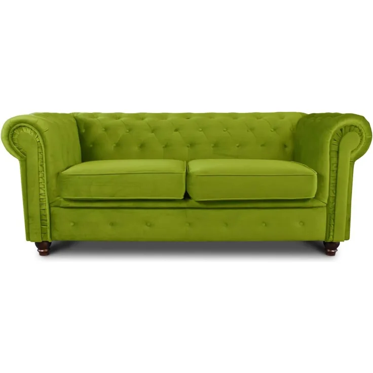 Sofa Chesterfield Asti 2-Sitzer, Couchgarnitur 2-er, Sofagarnitur, Couch mit Holzfüße, Polstersofa - Glamour Design, Velours (Hellgrün (Velvet 75))