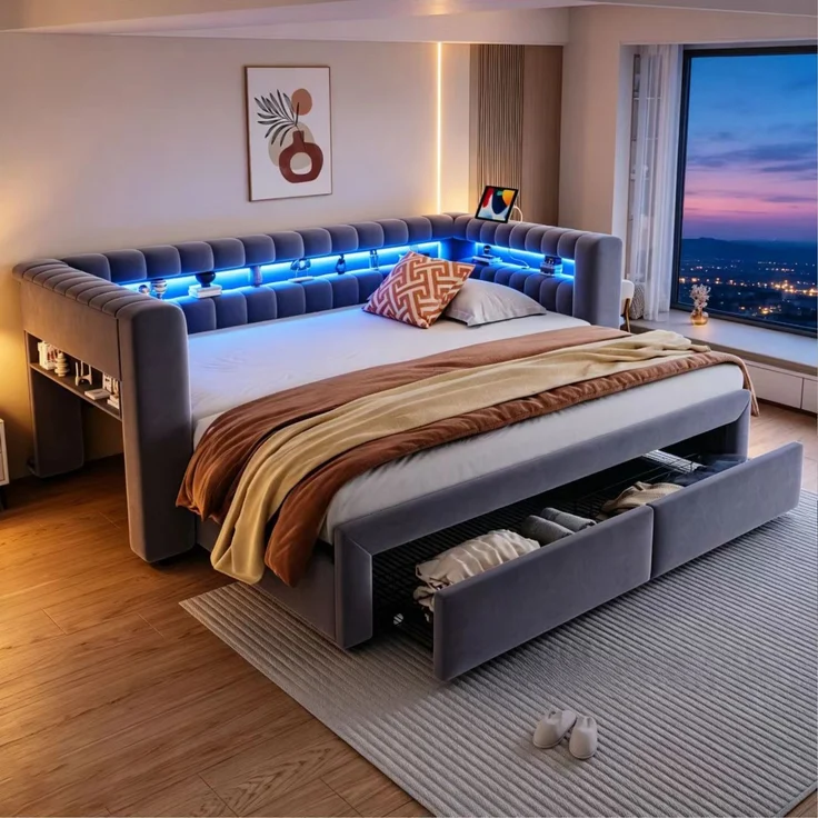 Ausziehbett 90/180×190 cm mit Bettkasten, LED, USB-Anschluss, Grau, ohne Matratze – Bild 3