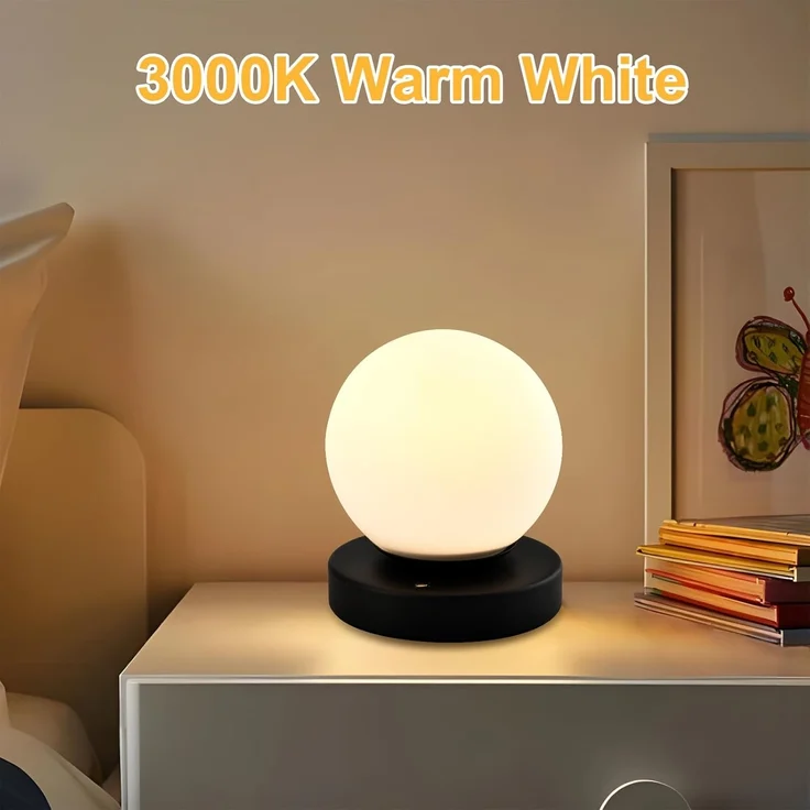 LQWELL Nachttischlampe Nachttischleuchte, Tischlampe Tischleuchte, 3 Dimmstufen USB Wiederaufladbar, LED fest integriert, Warmweiß, Touch Beistelltischlampe Leselampe Kugel Glas – Bild 5