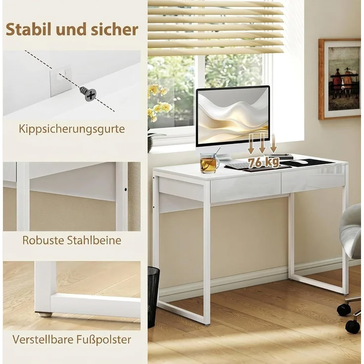 HOMCOM Schreibtisch, Stahl, MDF, Weiß, 100 x 50 x 75 cm – Bild 6