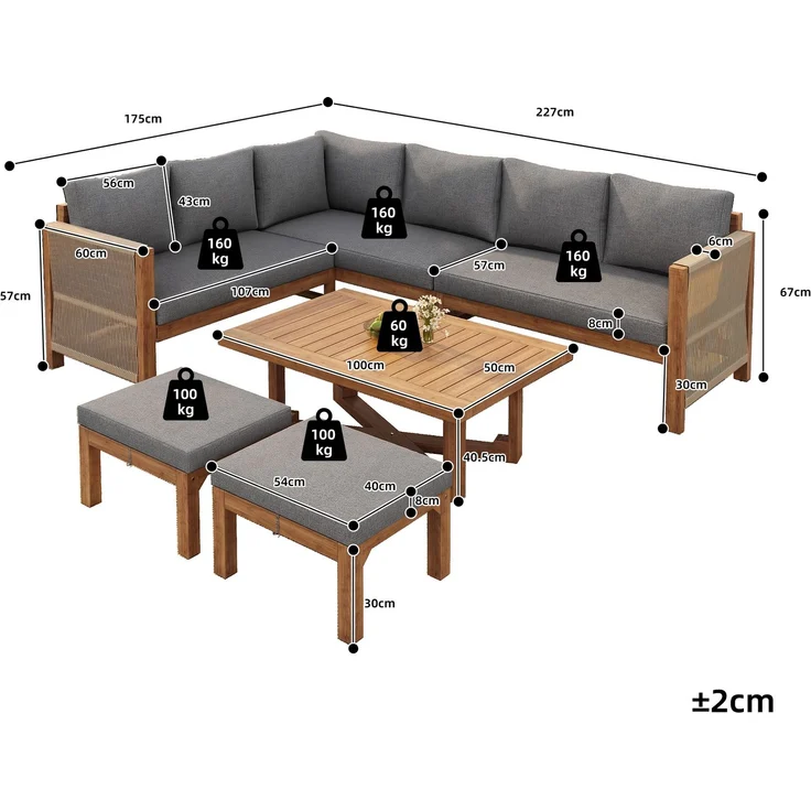 Merax Gartenmöbel-Set 6-tlg, Gartensofa mit Hocker und Tisch, Gartenloungeset Balkonmöbelset 8 Sitzer aus Akazie, Terassenmöbelset mit Kissen, Grau – Bild 4