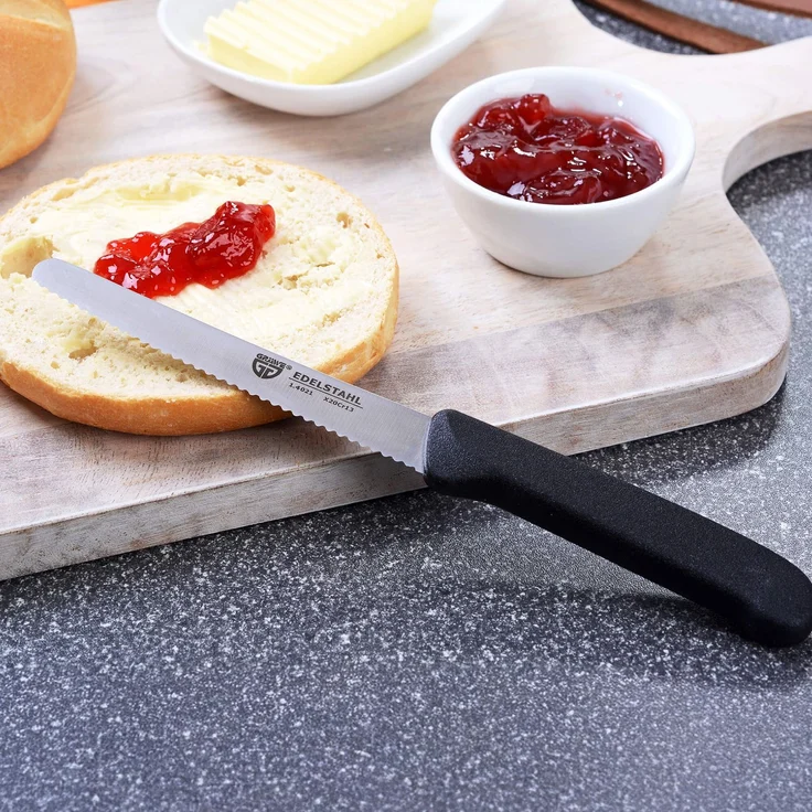 GRÄWE Tafelmesser 6 Stück, Messerset zum Schneiden, 6er Pack Brötchenmesser, Frühstücksmesser mit einseitigem Wellenschliff, Brotzeitmesser, scharfe Messer für Brotzeit, 21 cm - Schwarz – Bild 4