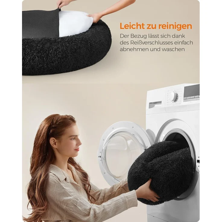 Feandrea Hundebett flauschig, Katzenbett, Donut Kissen, waschbar, Polsterung in der Mitte herausnehmbar, Langer Plüsch, 120 cm Durchmesser, tintenschwarz PGW043B01 – Bild 6