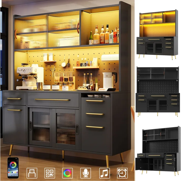 EINHOM Modernes Sideboard mit LED-Beleuchtung, Hochschrank für Küche & Wohnzimmer, Aufbewahrungsschrank mit Lochwand, Schublade & Glastür, Schwarz