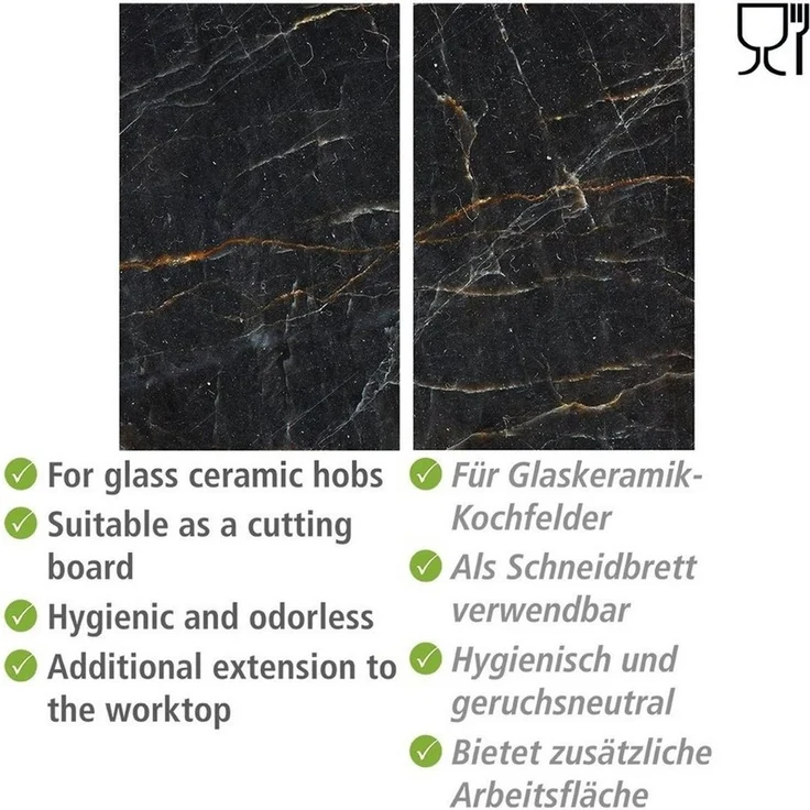 Allstar Glasabdeckplatten Marmor, 2er Set, rutschfeste Herdabdeckung für Glaskeramikkochfelder in Marmor-Optik, praktische Arbeitsflächenerweiterung in der Küche, Gehärtetes Glas, 30 x 52cm, Schwarz – Bild 3