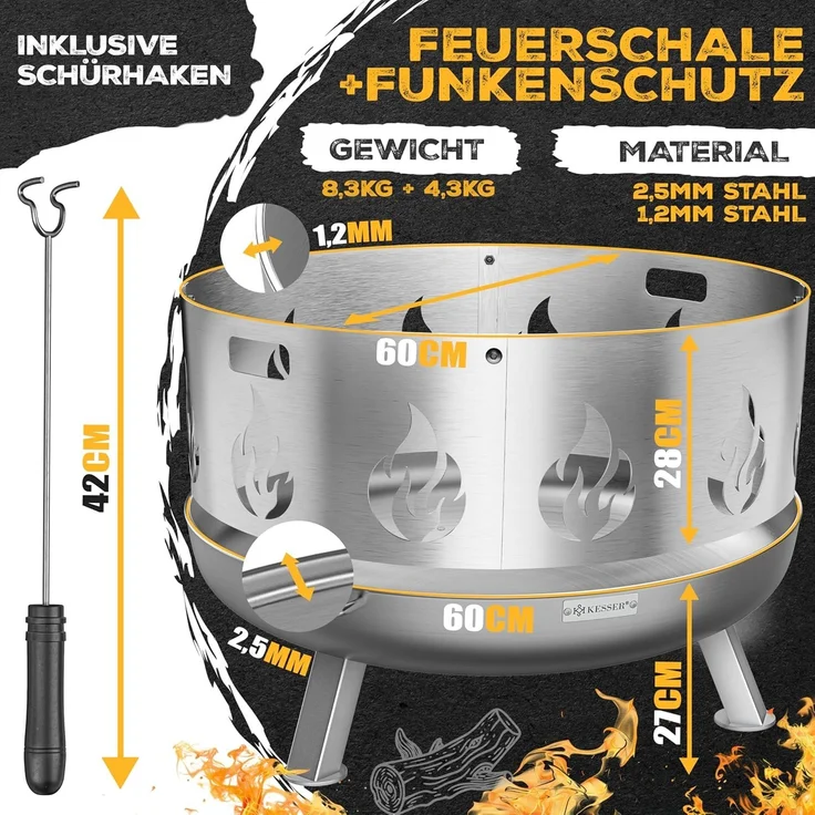 KESSER® Feuerschale mit 2,5 mm Stahldicke Feuerkorb aus Edelstahl / Stahl inklusive 42cm Feuerhaken aus Gusseisen, Wasserablauf & 2 stabile Griffe für Holz & Kohle Feuerstelle für Garten & Terrasse Ø 60 cm, Legierter Stahl + Funkenschutz – Bild 3