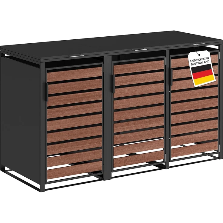STEELSØN 'Kestra' Mülltonnenbox 3er je 240 Liter, graphitschwarz mit Nußbaum-Holzoptik, Mülltonnenverkleidung aus Stahl, wetterfest, 116x80x203 cm, Müllbox für 3 Tonnen – Bild 1
