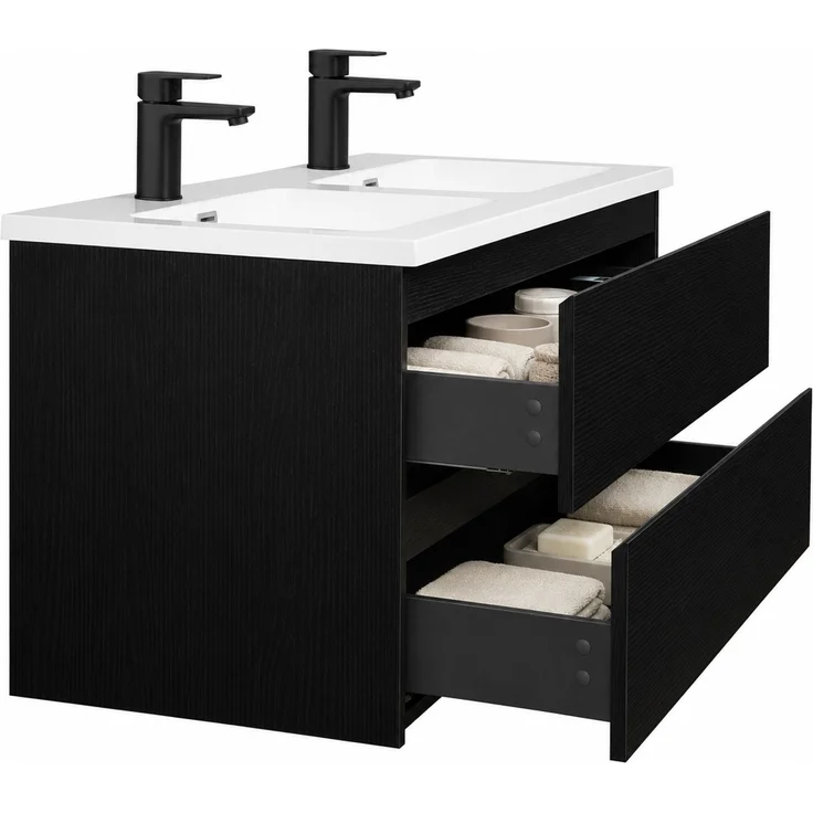 Badplaats Badmöbel Set mit Waschbecken und Unterschrank Angela 120 x 48 cm Schwarz Holz - Waschbeckenunterschrank mit Soft-Close und Doppelwaschbecken, Vorgemontiert – Bild 4