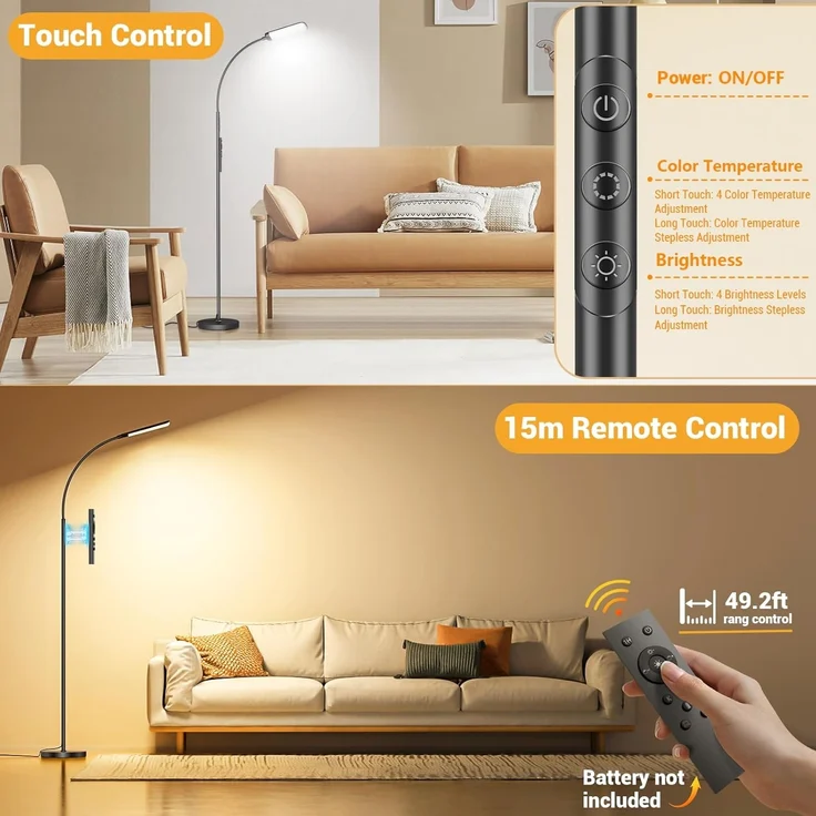 YICAIZI Stehlampe Wohnzimmer - 18W LED Dimmbar Stehende Lampe mit Fernbedienung, 1200Lumen Stehend Leselampe mit 4 Farbtemperaturen & 4 Helligkeiten für Schlafzimmer, Büro, Schwarz – Bild 4