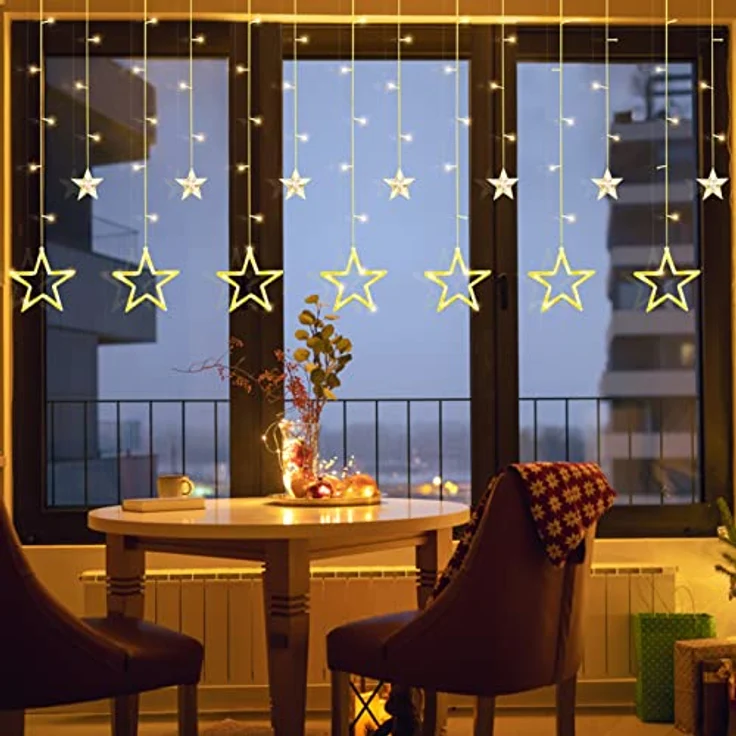 Lichterkette Sterne, 138 LEDs 2.5m Weihnachtslichterkette, Lichterkette Innen/Außen, Wasserdicht Weihnachtsbeleuchtung mit 12 Sterne und 8 Modi, Weihnachtsdeko Für Fenster, Balkon (A - Warmweiß) – Bild 6