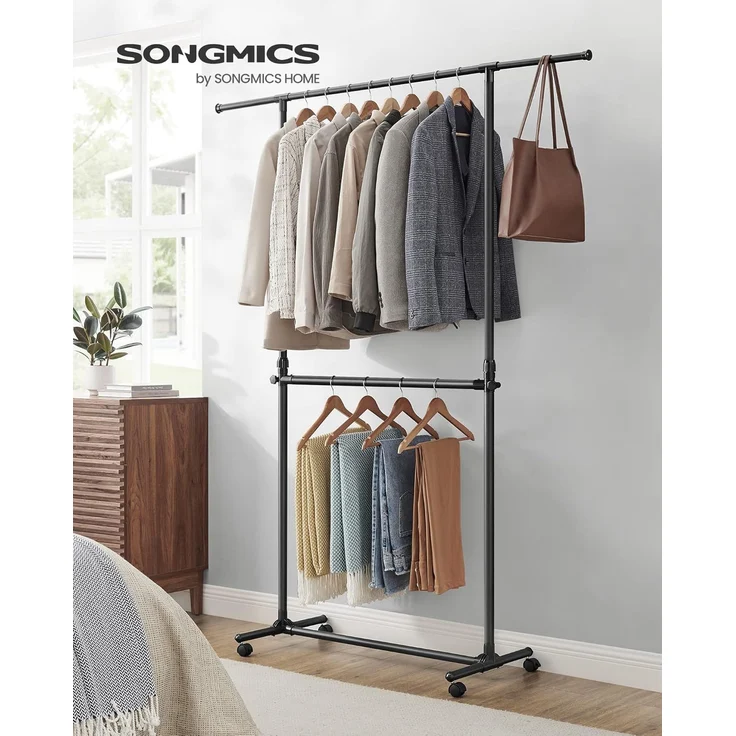 SONGMICS Kleiderständer mit 2 Kleiderstangen, ausziehbare Garderobenstange, mit Rollen, Garderobenständer, höhenverstellbar zwischen 113 und 180 cm, untere Stange verstellbar, schwarz LLR401B01 – Bild 2