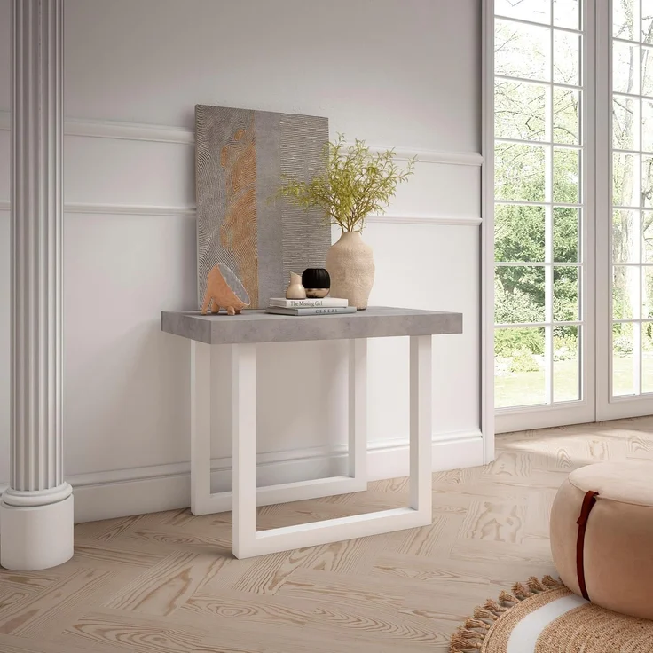 Skraut Home | Ausziehbarertisch | Multifunktionaler ausziehbarer | 160 | Für 8 Gäste | Massivholz Beine | Moderner Stil | Mattweiß und Zement – Bild 4