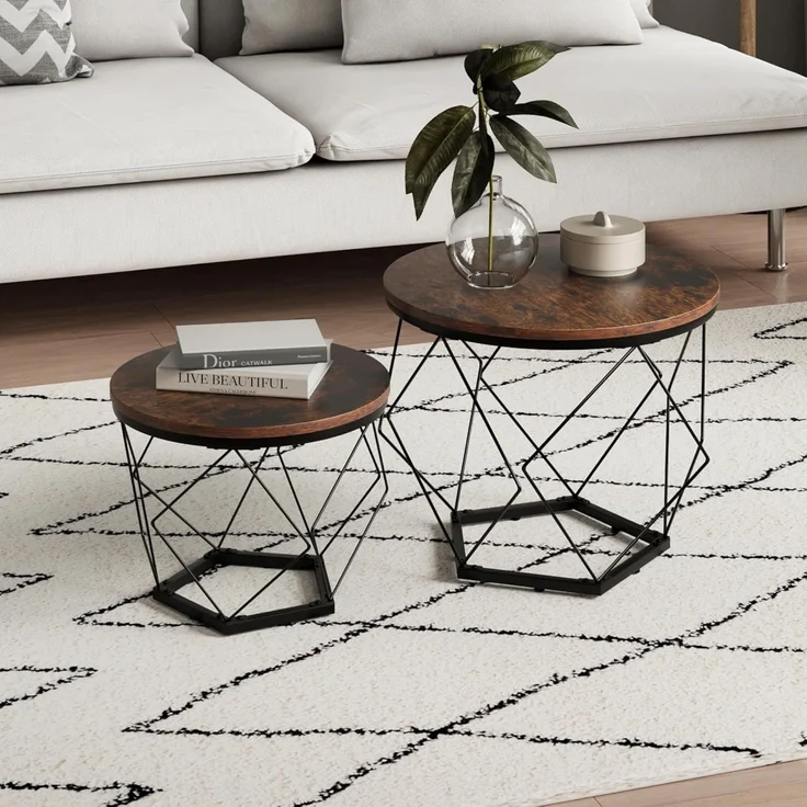 Home Collective Couchtisch Set, Wohnzimmertisch, Rund Tisch, mit modernem Metallgestell (Satz von 2), 50x44 & 40x37 cm, Braun Holzoptik – Bild 1
