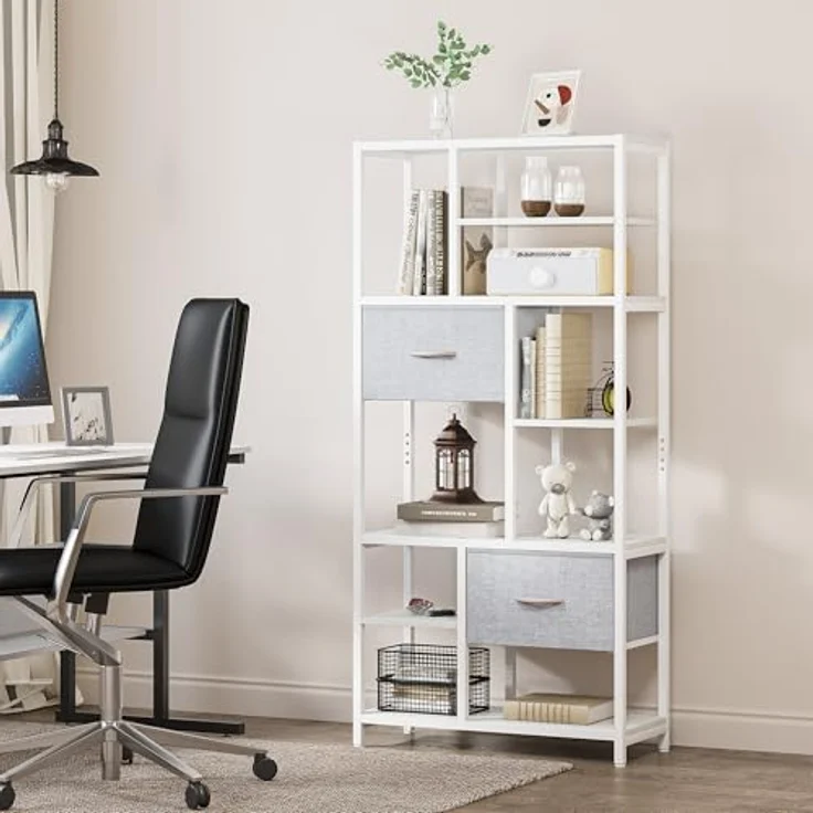 YITAHOME Bücherregal mit Schubladen, 7-stöckiges Standregal mit Stahlrahmen, Bodenstehendes Lagerregal, Industrieregal Aufbewahrungsregal, für Wohnzimmer, Büro, Flur, Küche, Weiß Regal – Bild 8