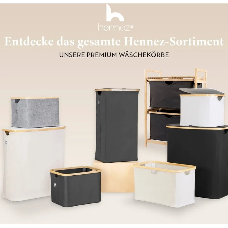 HENNEZ Badezimmerregal 2 Fächer | Bambusregal mit Ablage und 2 Körben | Badregal mit Schubladenboxen | Standregal – ideal als Kommode & Wäschesammler | Wäschesortierer mit Stoff Schubladen | Holzregal – Bild 8
