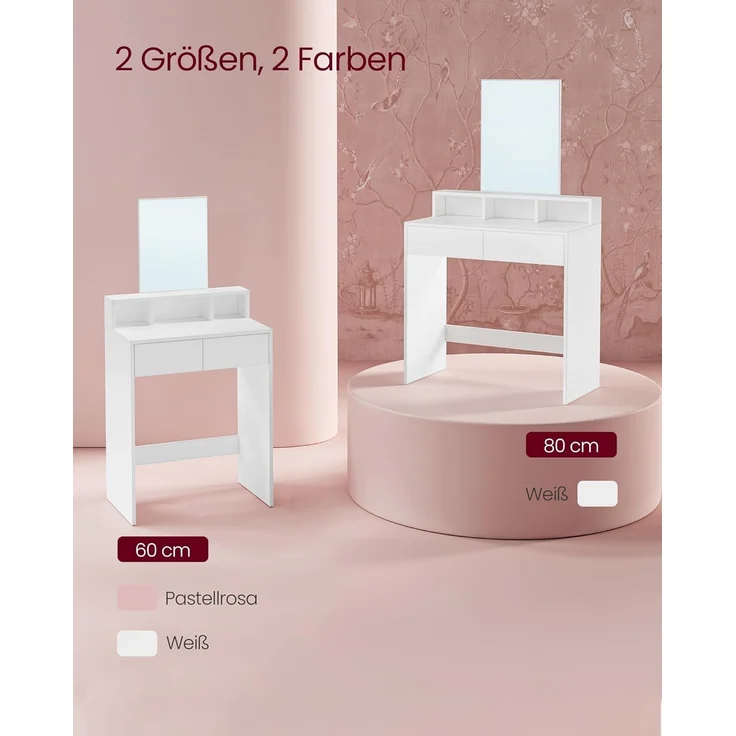 VASAGLE Schminktisch mit großem Spiegel, Frisiertisch, 2 Schubladen, 3 offene Fächer, Kosmetiktisch, modern, weiß RDT103W01 – Bild 7