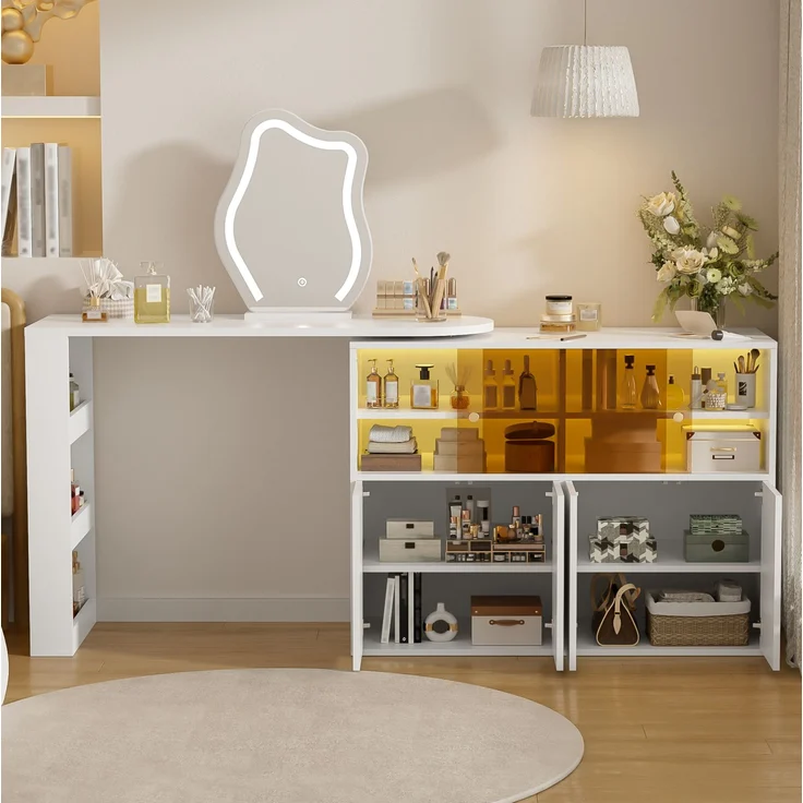Schminktisch 177x40x131,5 cm mit drehbarer Tischplatte, LED-Spiegel und Stauraum, Weiß – Bild 2