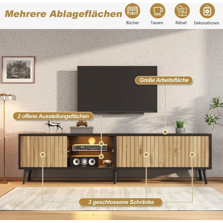 Merax 175cm LED-TV-Schrank für das Wohnzimmer, Naturholzfarbe + Schwarz, lowboard mit 6 Stützbeinen, Schrank aus gehärtetem Glas, 3 Schränke für viel Stauraum, Geeignet für 75-Zoll – Bild 6