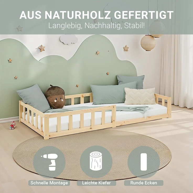 Kinderbett 90x200 Bodenbett mit Rausfallschutz Montessori Bett Kleinkindbett Holz Kiefer Natur Massiv Einzelbett Lattenrost Bettgestell – Bild 4