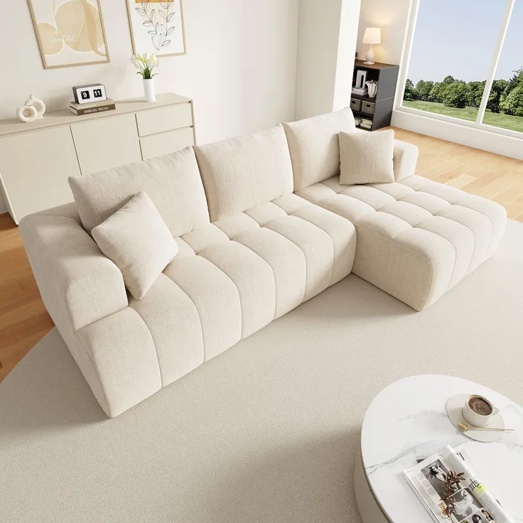 Merax Modulares L-förmiges Ecksofa ohne Gestell, Cloud-Sofa, bequemes Chenille-Gewebe, frei kombinierbar, bodennahes Design, keine Montage erforderlich, Beige
