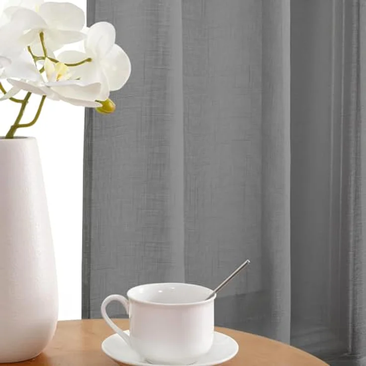 CUCRAF Leinenoptik Grau Voile Vorhänge mit Ösen Halbtransparent Gardine für Schlafzimmer Wohnzimmer H225 x B140cm 2er Set – Bild 5
