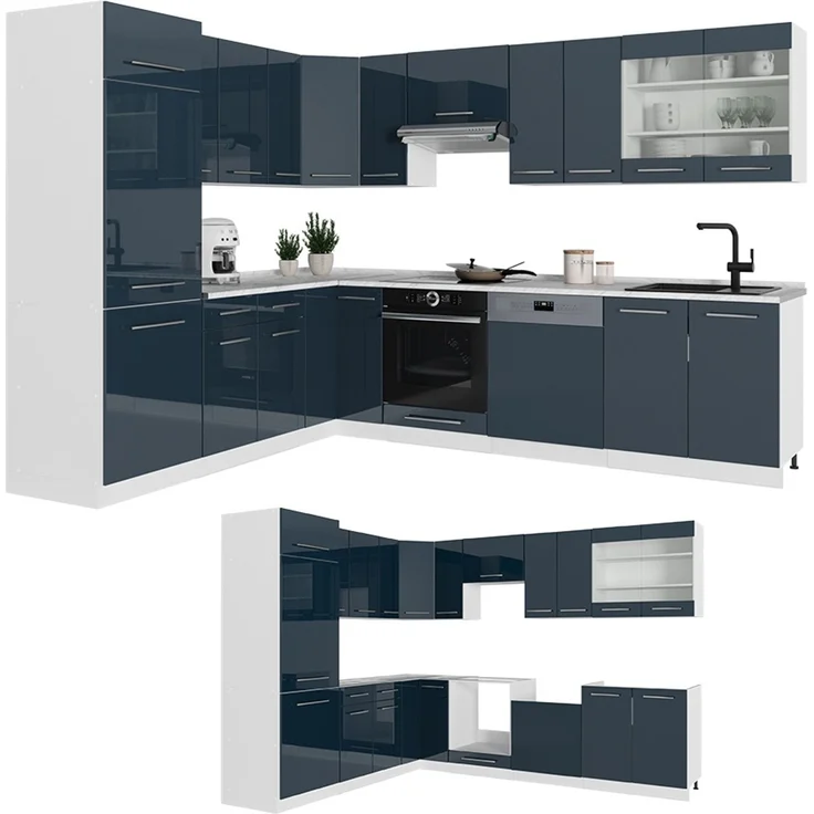 Eckküche Fame-Line Dunkelblau Hochglanz/Weiß 287 x 227 cm ohne Arbeitsplatte Vicco – Bild 6