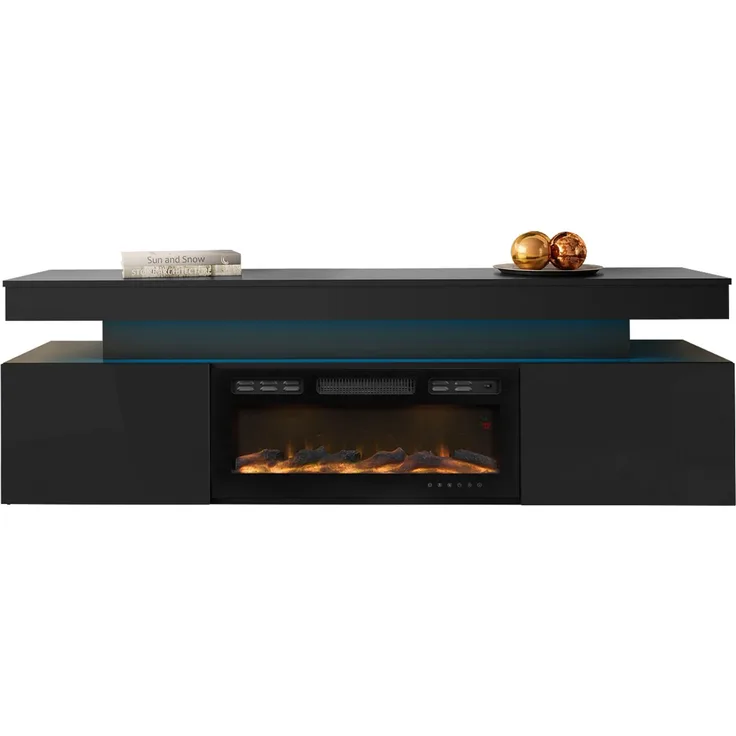 Mirjan24 'EF 2D Serkuzo' TV-Lowboard mit Kamin, MDF schwarz (hochglanz/matt), 59 x 41 x 190 cm