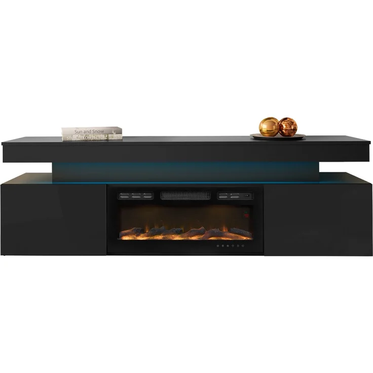 Mirjan24 'EF 2D Serkuzo' TV-Lowboard mit Kamin, MDF schwarz (hochglanz/matt), 59 x 41 x 190 cm – Bild 1