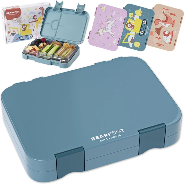 BEARFOOT Lunchbox Brotdose Kinder mit Fächern, Lunchbox, Bento box - Blau, handgezeichnete Designs, modular – Bild 1