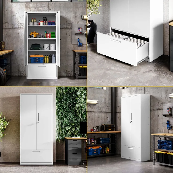 Metallschrank mit Hohe Schublade RUEL - 195x90x40cm Weiß | Büroschrank Aktenschrank Stahlschrank Fachbodenschrank Werkstattschrank – Bild 7