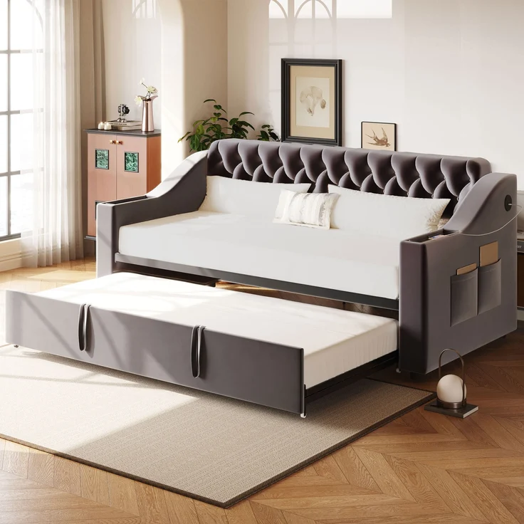 Schlafsofa Polsterbett, 2-Sitzer auf 90/180 x 190 cm erweiterbar, mit breiten und dicken Armlehnen, USB-Ladeanschluss, integrierte Ablage in Armlehnen, Ablagetaschen, mit Lattenrost, Samtstoff, dunkelgrau, 90/180 x 190 cm – Bild 3