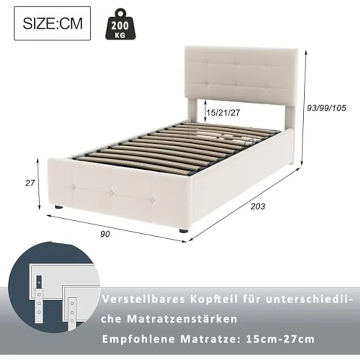 Odikalo Polsterbett Kinderbett Boxbett Stauraumbett Höhenverstellbares Kopfteil 90x200cm – Bild 3