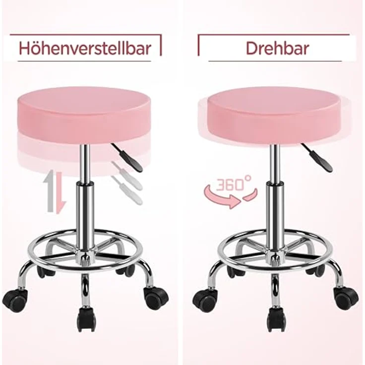Yaheetech Rollhocker Höhenverstellbar 50,5–65 cm Sitzhöhe Drehhocker 360° Drehbar mit Polster Bürohocker bis 120 kg Arbeitshocker mit Rollen Hocker Rosa – Bild 6